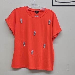 Orange Embellished T-shirt  Women's Top